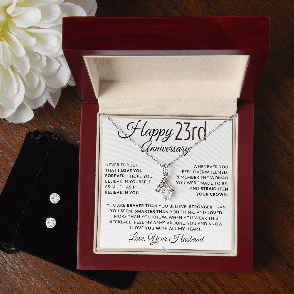 23rd Anniversary Gift - Elegant Drop Pendant Necklace + Heartfelt Message for Wife - Liliana and Liam