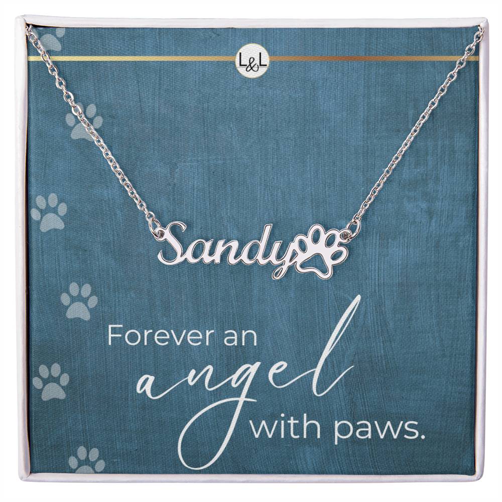Dog Loss Gift - An Angel with Paws - Name Necklace + Paw Print - Custom Dog Remembrance, Bereavement & Sympathy Gift - Liliana and Liam