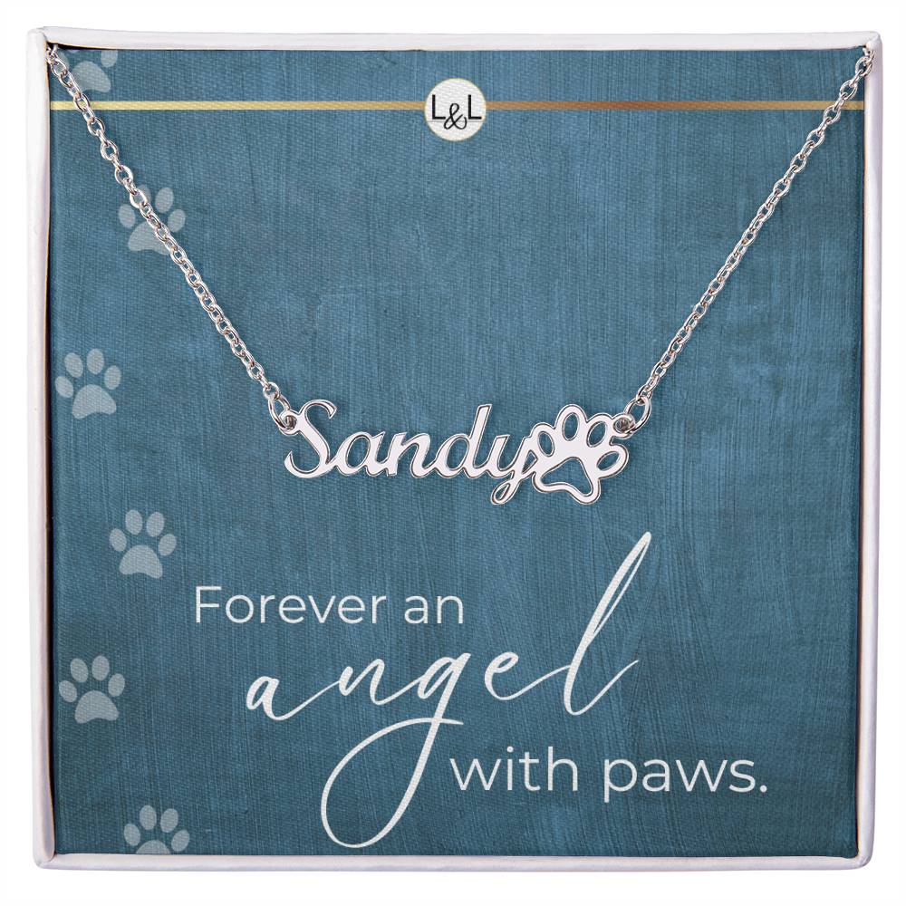 Dog Loss Gift - An Angel with Paws - Name Necklace + Paw Print - Custom Dog Remembrance, Bereavement & Sympathy Gift