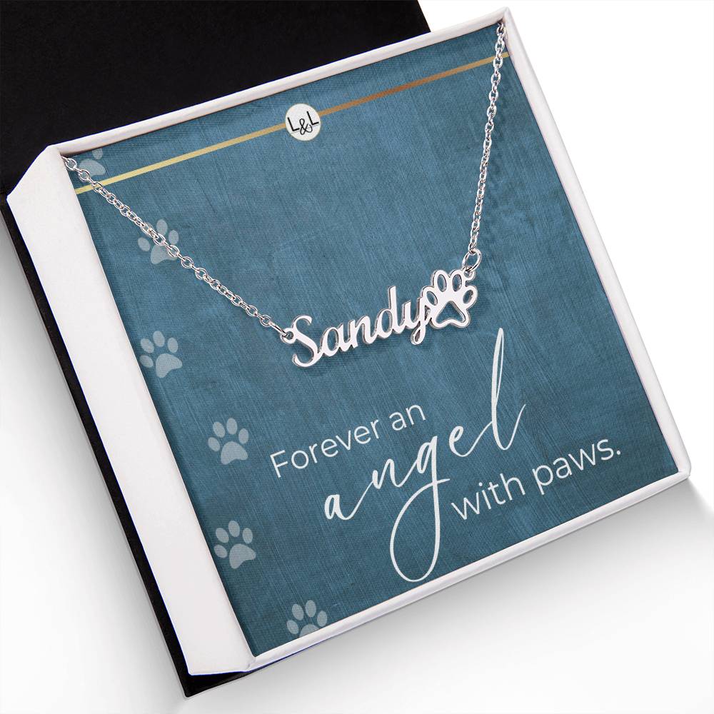 Dog Loss Gift - An Angel with Paws - Name Necklace + Paw Print - Custom Dog Remembrance, Bereavement & Sympathy Gift - Liliana and Liam