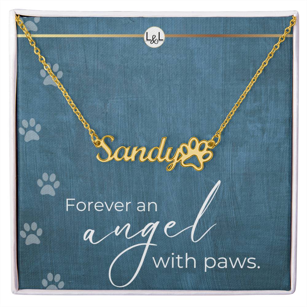 Dog Loss Gift - An Angel with Paws - Name Necklace + Paw Print - Custom Dog Remembrance, Bereavement & Sympathy Gift - Liliana and Liam