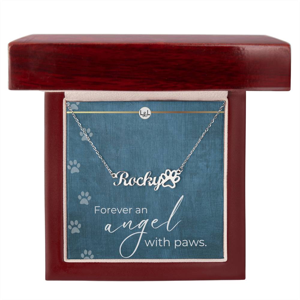 Dog Loss Gift - An Angel with Paws - Name Necklace + Paw Print - Custom Dog Remembrance, Bereavement & Sympathy Gift - Liliana and Liam