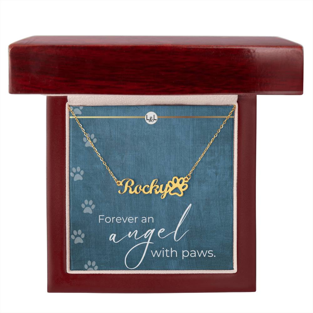 Dog Loss Gift - An Angel with Paws - Name Necklace + Paw Print - Custom Dog Remembrance, Bereavement & Sympathy Gift - Liliana and Liam