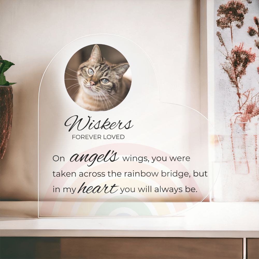 Cat Keepsake - To The Rainbow Bridge Heart Shaped Photo Cat Memorial - Custom Cat Remembrance, Bereavement & Sympathy Gift
