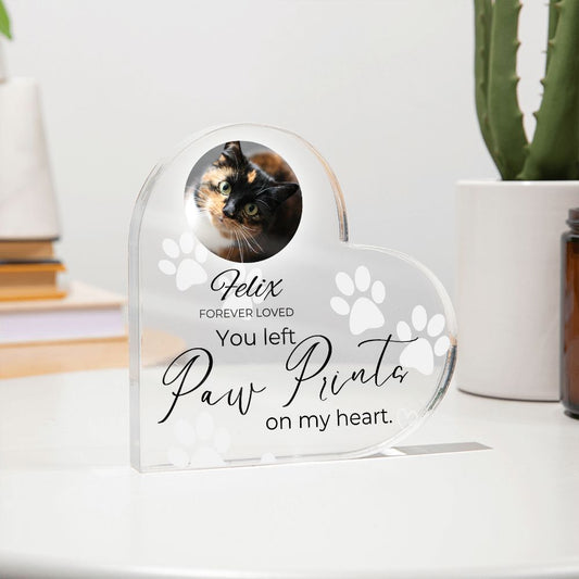 Cat Keepsake - Paw Print On My Heart Heart Shaped Photo Cat Memorial - Custom Cat Remembrance, Bereavement & Sympathy Gift