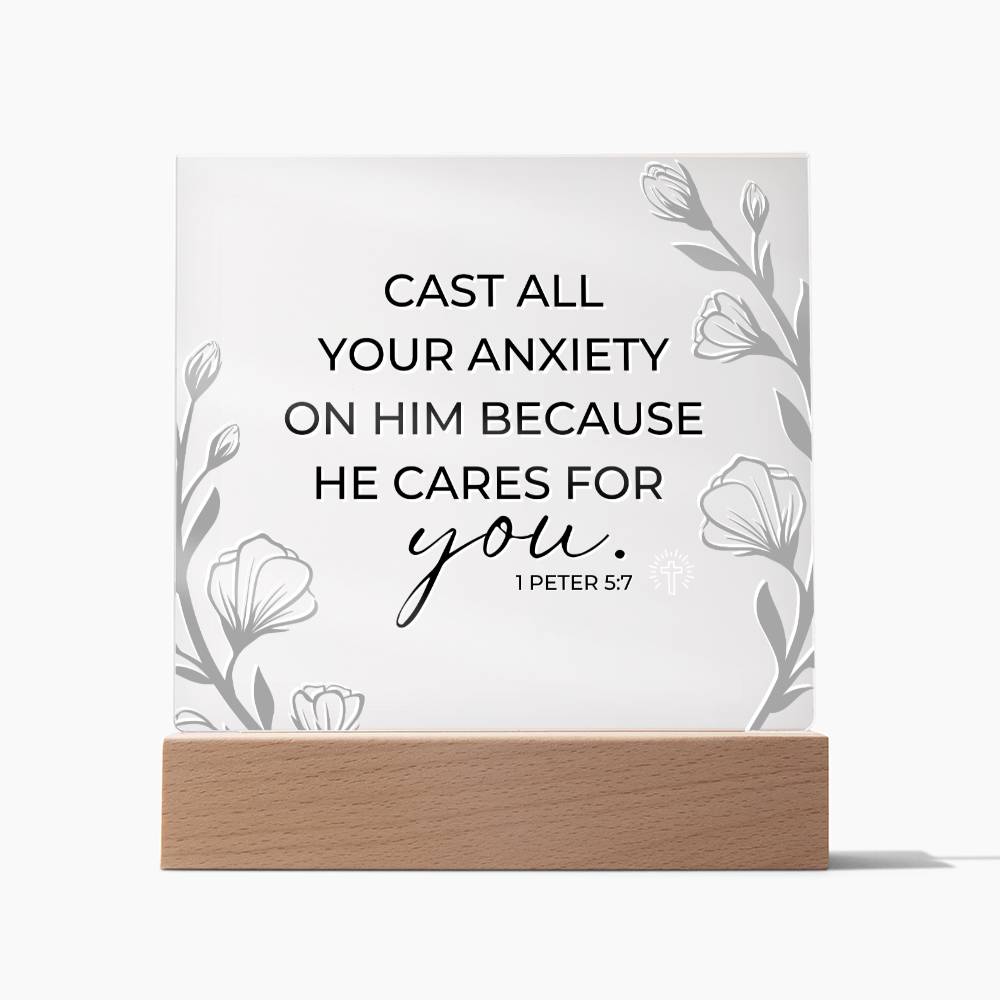 LED Bible Verse - Cast All Your Anxiety - 1 Peter 5:7 - Inspirational Acrylic Plaque with LED Nightlight Upgrade - Christian Home Decor