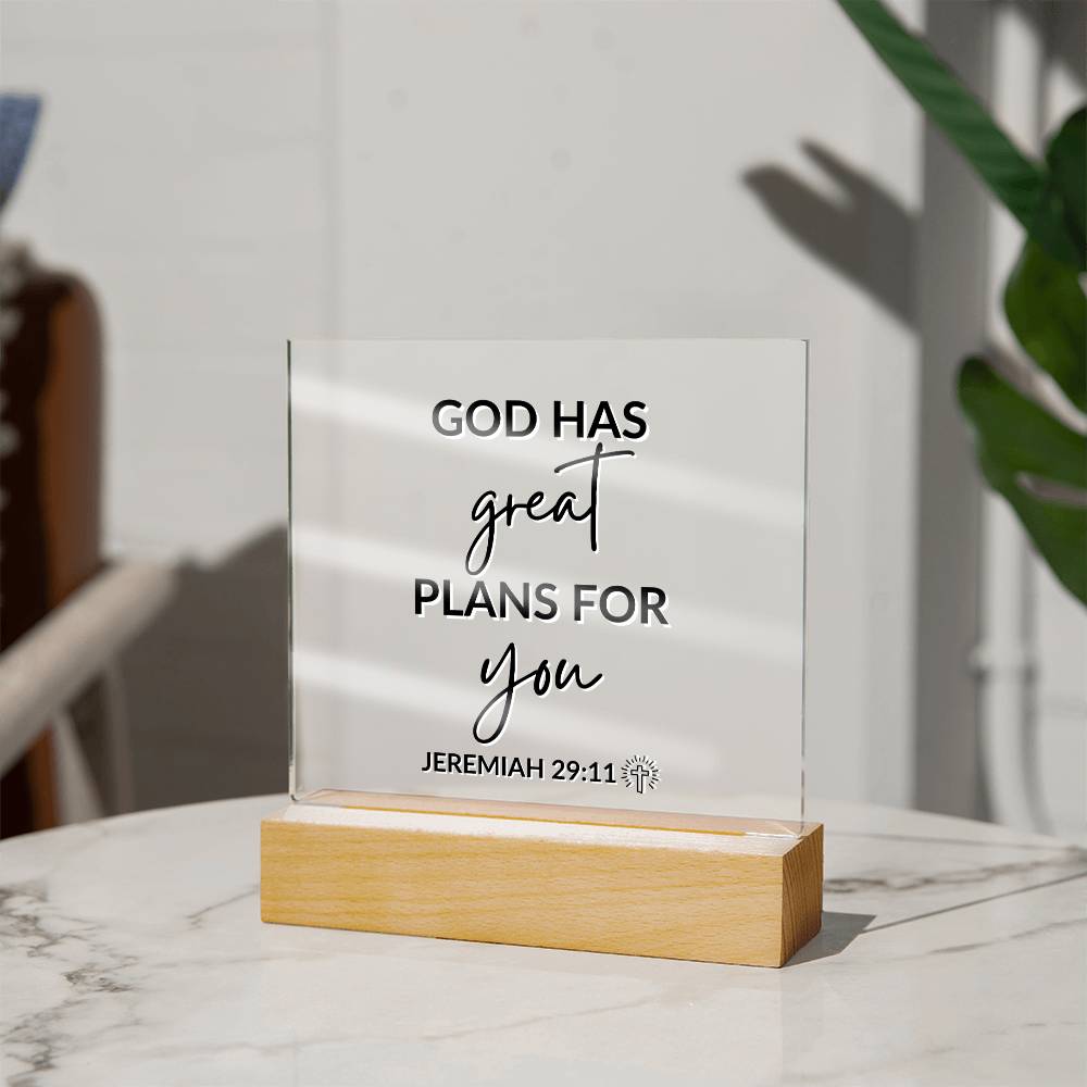 LED Bible Verse - Great Plans For You - Jeremiah 29:11 - Inspirational Acrylic Plaque with LED Nightlight Upgrade - Christian Home Decor