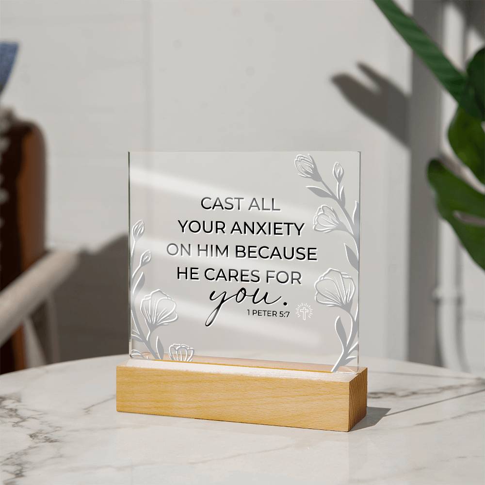 LED Bible Verse - Cast All Your Anxiety - 1 Peter 5:7 - Inspirational Acrylic Plaque with LED Nightlight Upgrade - Christian Home Decor