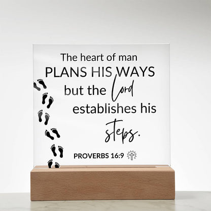 LED Bible Verse - The Lord Establishes His Steps - Proverbs 16:9 - Inspirational Acrylic Plaque with LED Nightlight Upgrade - Christian Home Decor