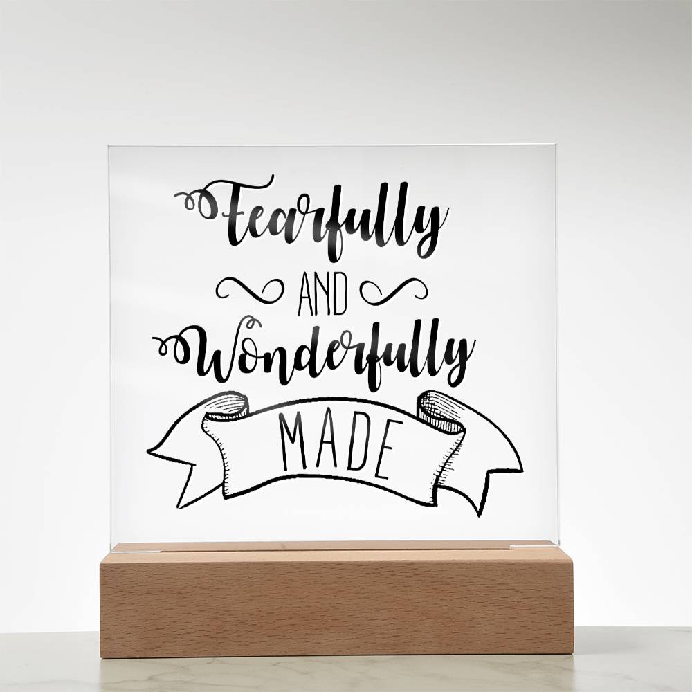 Fearfully and Wonderfully Made - Inspirational Acrylic Plaque with LED Nightlight Upgrade - Christian Home Decor