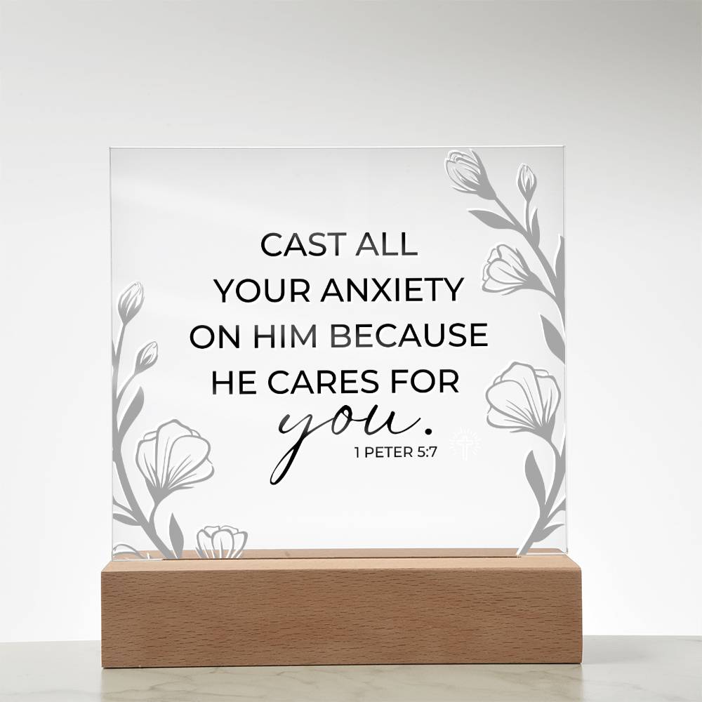 LED Bible Verse - Cast All Your Anxiety - 1 Peter 5:7 - Inspirational Acrylic Plaque with LED Nightlight Upgrade - Christian Home Decor