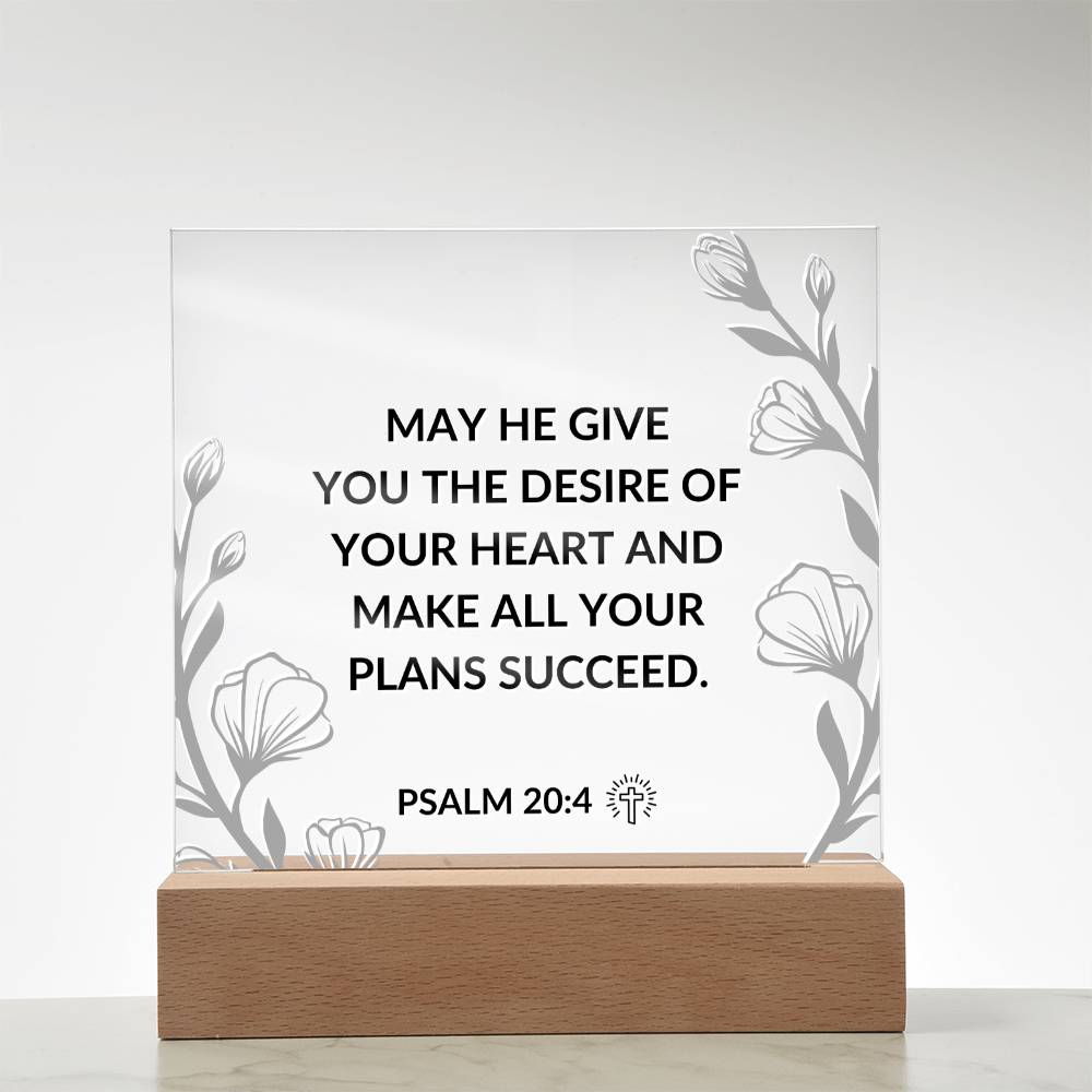 LED Bible Verse - The Desires Of Your Heart - Psalm 20:4 - Inspirational Acrylic Plaque with LED Nightlight Upgrade - Christian Home Decor