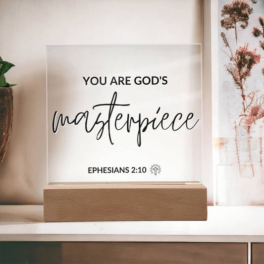 LED Bible Verse - God's Masterpiece - Ephesians 2:10 - Inspirational Acrylic Plaque with LED Nightlight Upgrade - Christian Home Decor