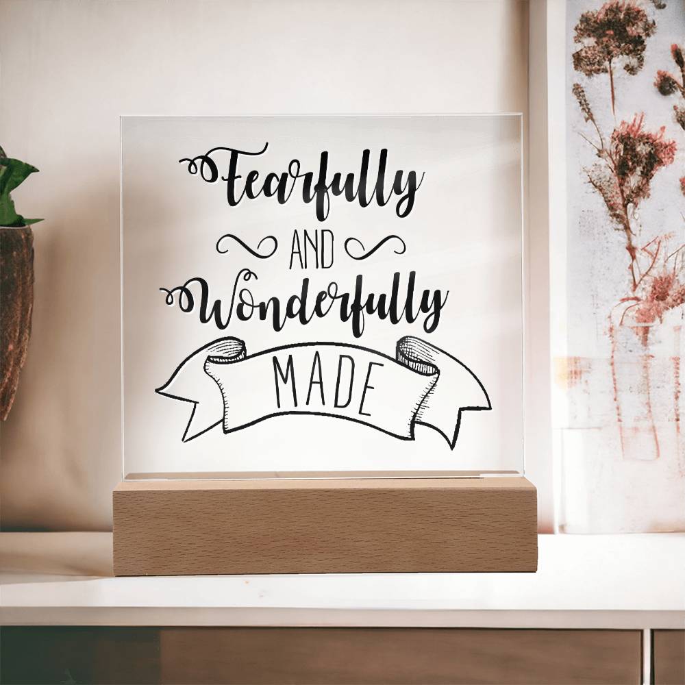 Fearfully and Wonderfully Made - Inspirational Acrylic Plaque with LED Nightlight Upgrade - Christian Home Decor