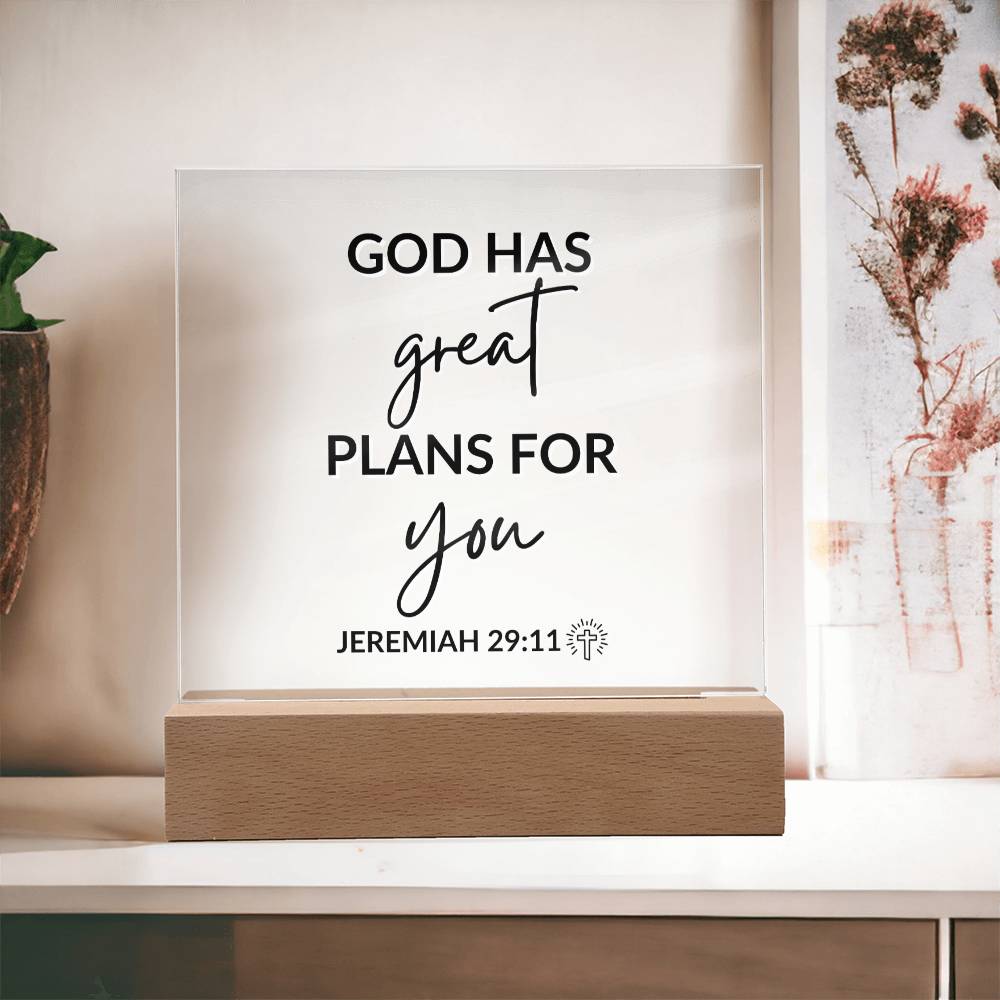 LED Bible Verse - Great Plans For You - Jeremiah 29:11 - Inspirational Acrylic Plaque with LED Nightlight Upgrade - Christian Home Decor