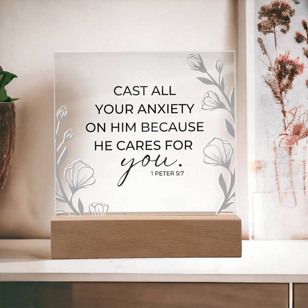 LED Bible Verse - Cast All Your Anxiety - 1 Peter 5:7 - Inspirational Acrylic Plaque with LED Nightlight Upgrade - Christian Home Decor