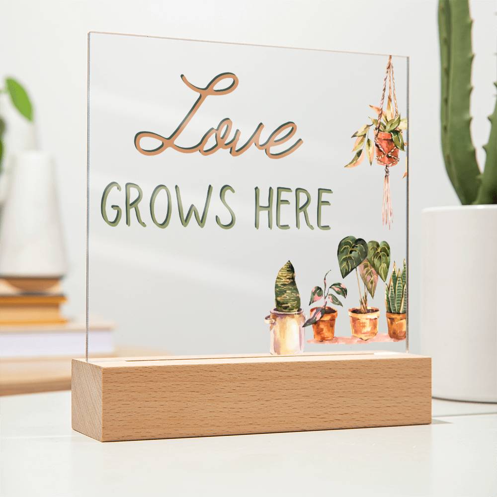 Love Grows Here - Funny Plant Acrylic with LED Nigh Light - Indoor Home Garden Decor - Birthday or Christmas Gift For Horticulturists, Gardner, or Plant Lover