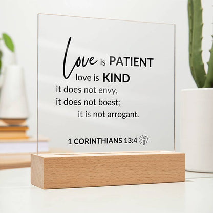 LED Bible Verse - Love Is Patient - 1 Corinthians 13:4 - Inspirational Acrylic Plaque with LED Nightlight Upgrade - Christian Home Decor