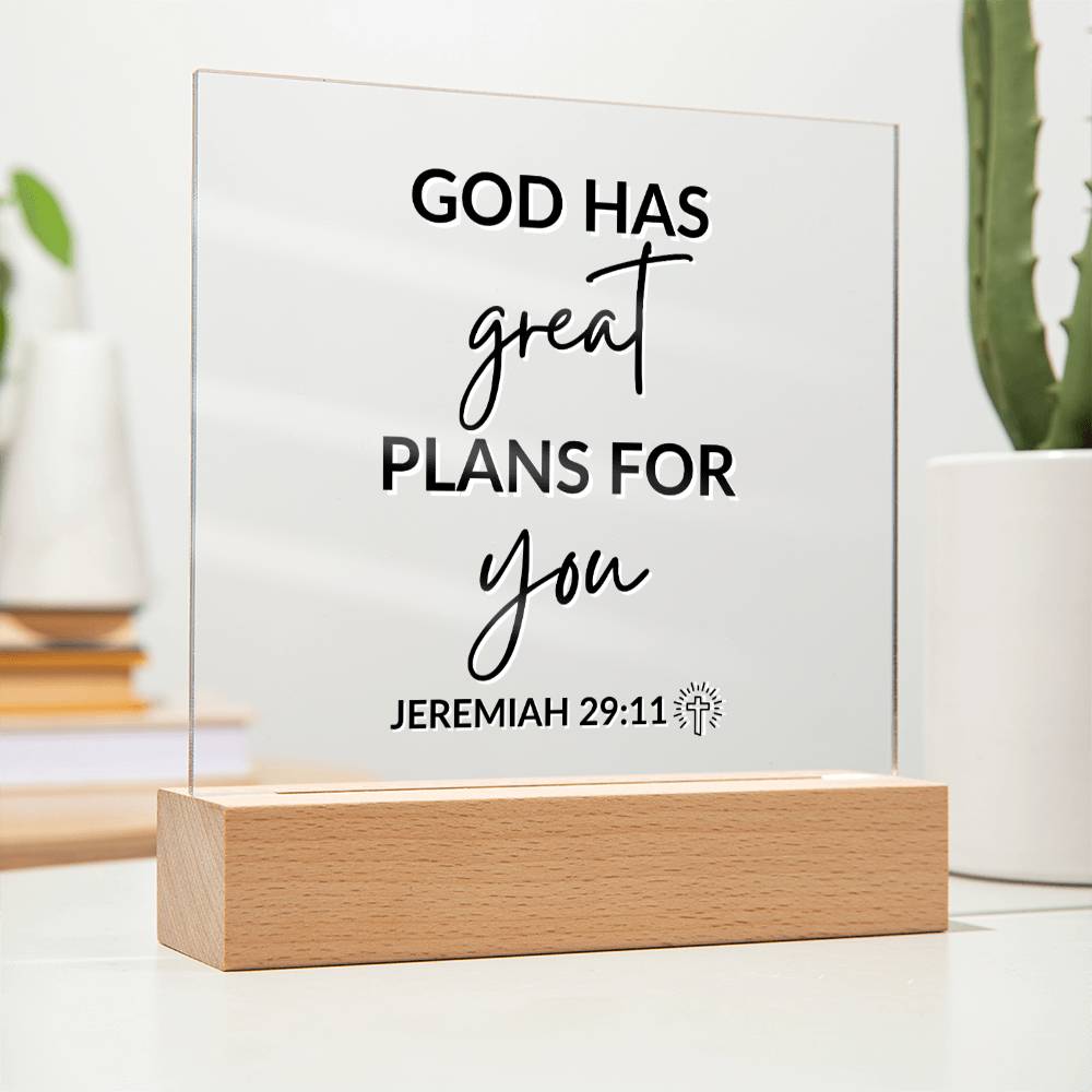 LED Bible Verse - Great Plans For You - Jeremiah 29:11 - Inspirational Acrylic Plaque with LED Nightlight Upgrade - Christian Home Decor