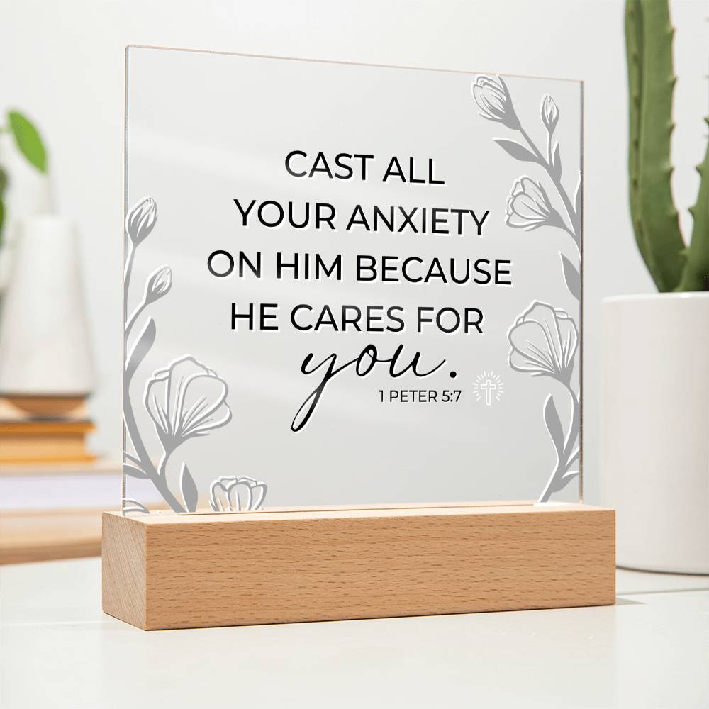 LED Bible Verse - Cast All Your Anxiety - 1 Peter 5:7 - Inspirational Acrylic Plaque with LED Nightlight Upgrade - Christian Home Decor