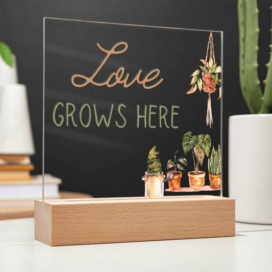 Love Grows Here - Funny Plant Acrylic with LED Nigh Light - Indoor Home Garden Decor - Birthday or Christmas Gift For Horticulturists, Gardner, or Plant Lover