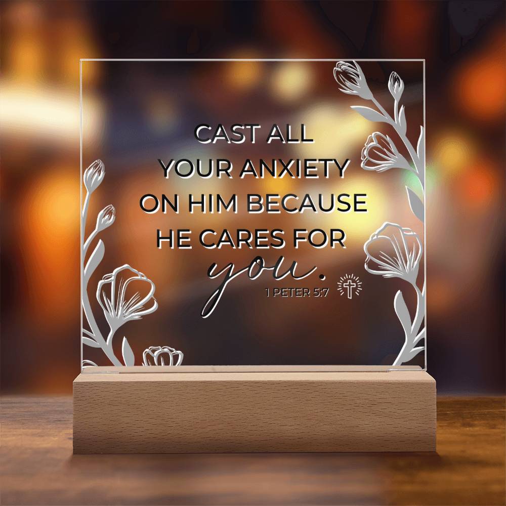 LED Bible Verse - Cast All Your Anxiety - 1 Peter 5:7 - Inspirational Acrylic Plaque with LED Nightlight Upgrade - Christian Home Decor