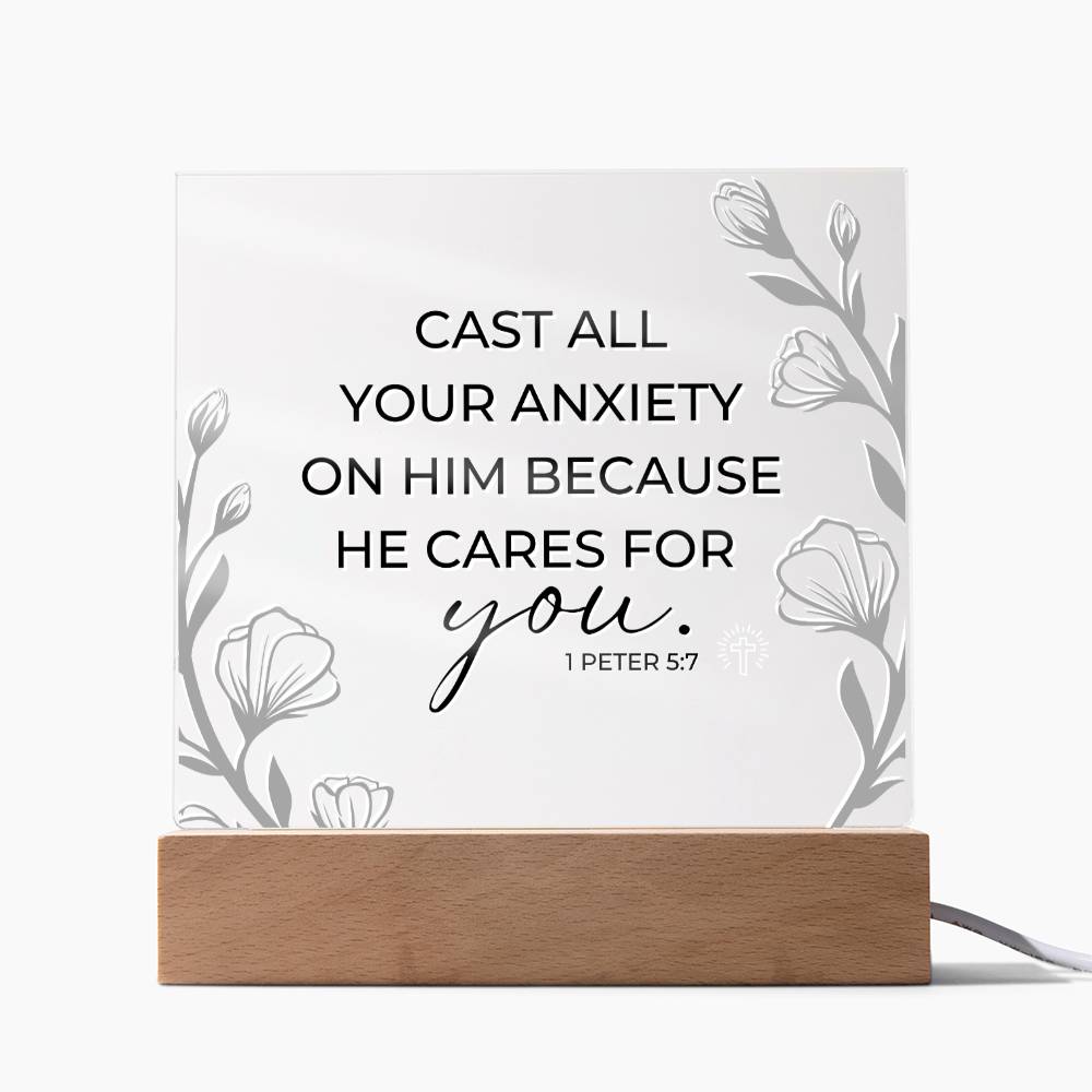 LED Bible Verse - Cast All Your Anxiety - 1 Peter 5:7 - Inspirational Acrylic Plaque with LED Nightlight Upgrade - Christian Home Decor