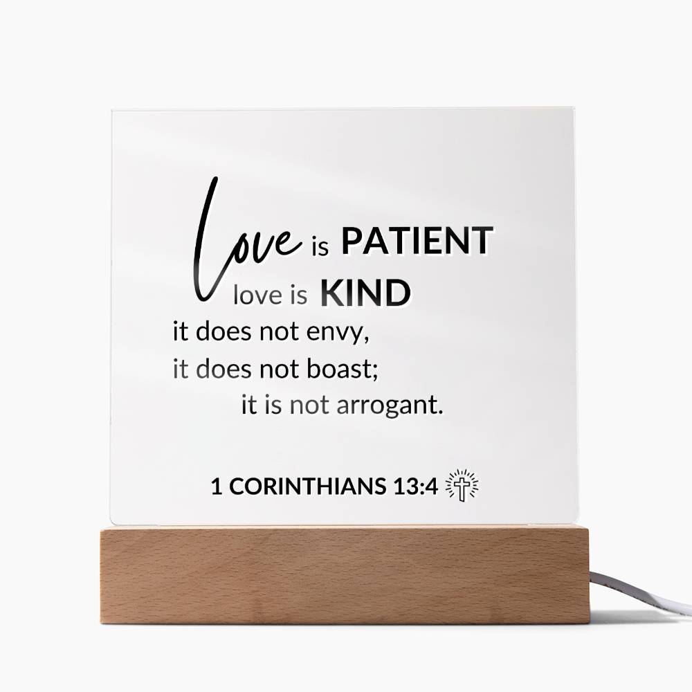 LED Bible Verse - Love Is Patient - 1 Corinthians 13:4 - Inspirational Acrylic Plaque with LED Nightlight Upgrade - Christian Home Decor