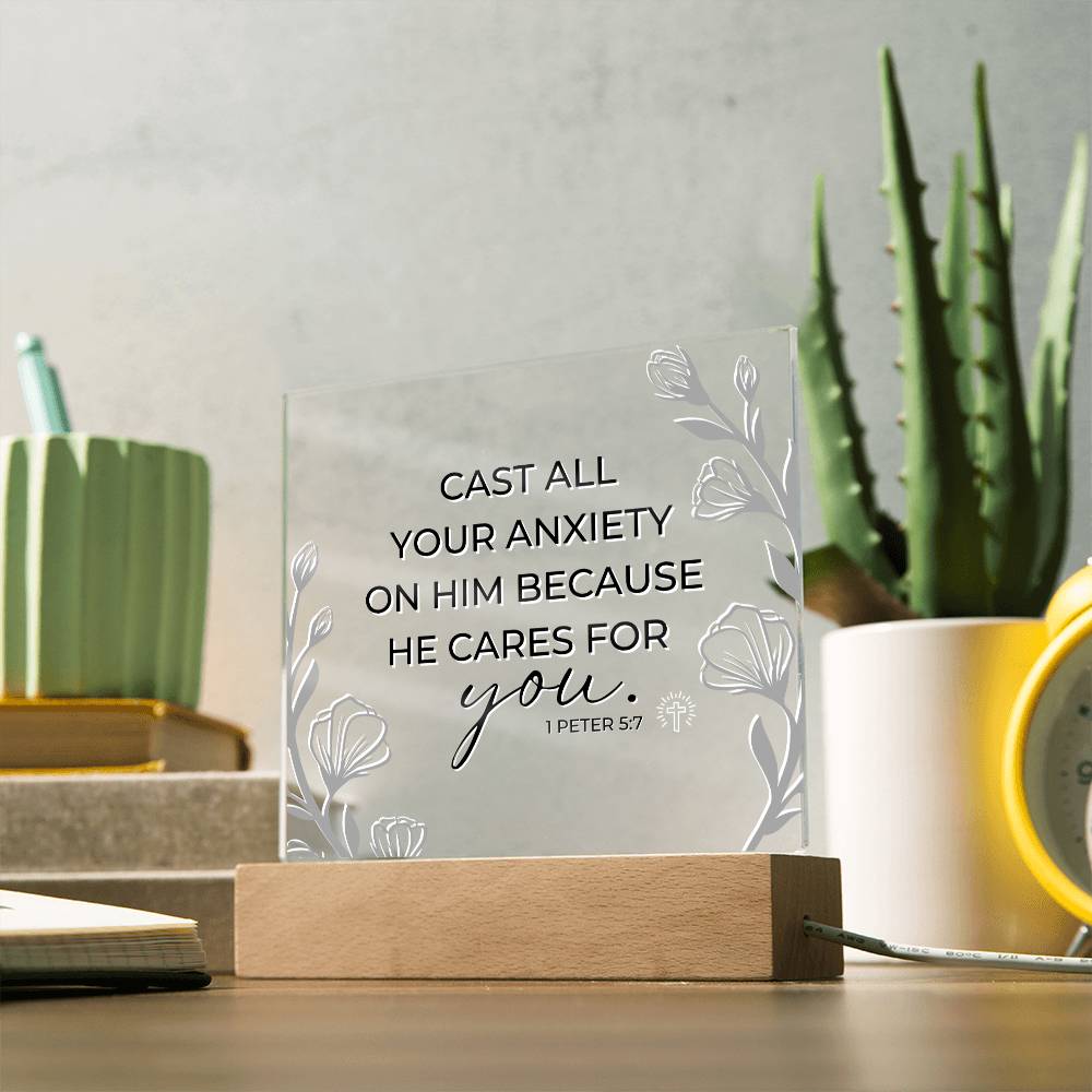 LED Bible Verse - Cast All Your Anxiety - 1 Peter 5:7 - Inspirational Acrylic Plaque with LED Nightlight Upgrade - Christian Home Decor