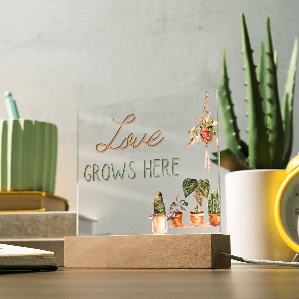 Love Grows Here - Funny Plant Acrylic with LED Nigh Light - Indoor Home Garden Decor - Birthday or Christmas Gift For Horticulturists, Gardner, or Plant Lover