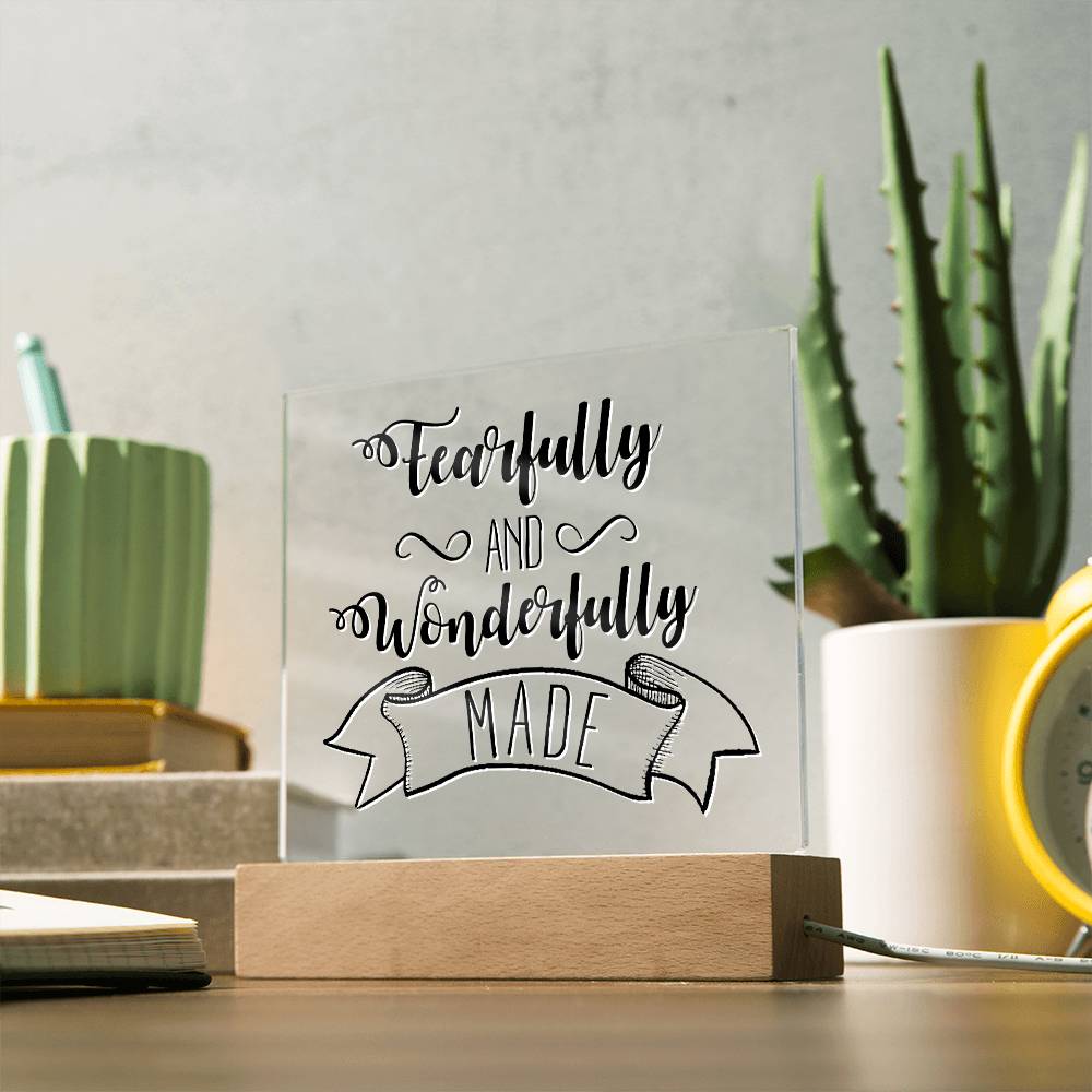 Fearfully and Wonderfully Made - Inspirational Acrylic Plaque with LED Nightlight Upgrade - Christian Home Decor