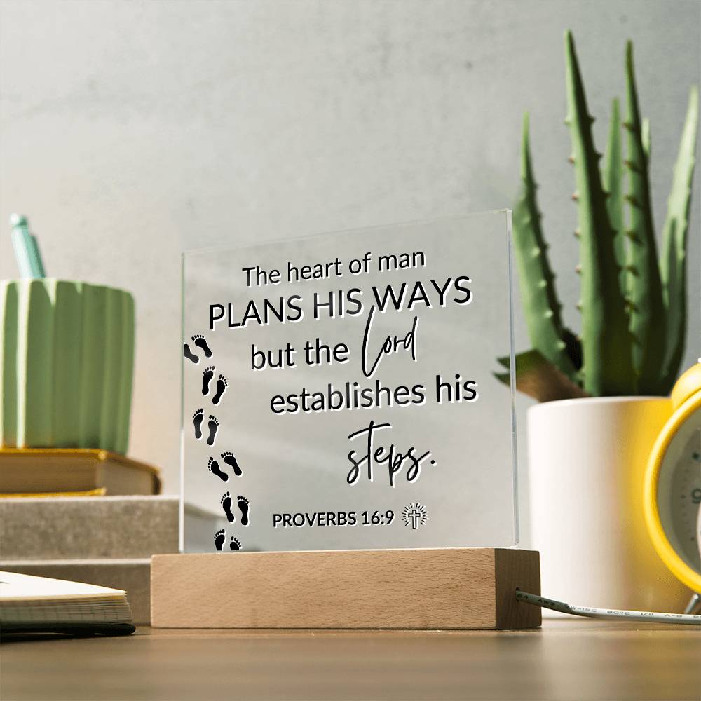 LED Bible Verse - The Lord Establishes His Steps - Proverbs 16:9 - Inspirational Acrylic Plaque with LED Nightlight Upgrade - Christian Home Decor