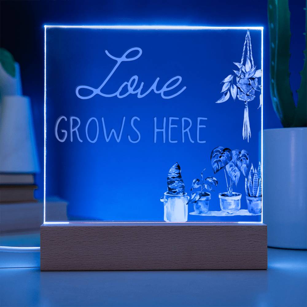 Love Grows Here - Funny Plant Acrylic with LED Nigh Light - Indoor Home Garden Decor - Birthday or Christmas Gift For Horticulturists, Gardner, or Plant Lover