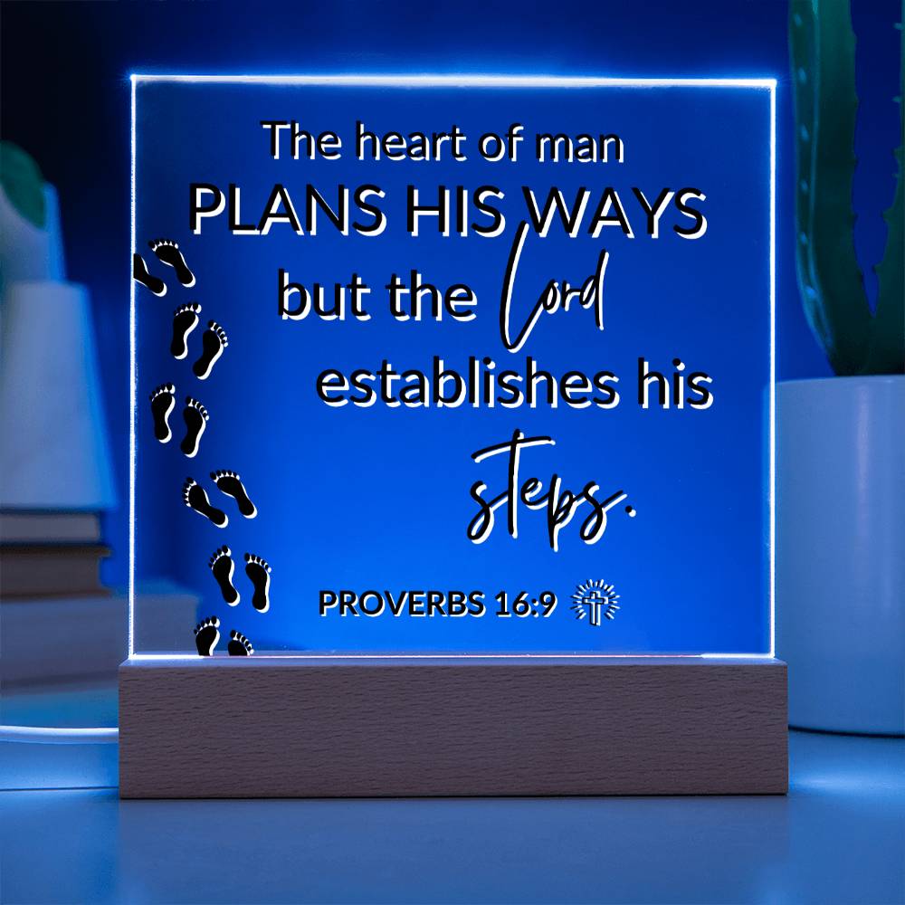 LED Bible Verse - The Lord Establishes His Steps - Proverbs 16:9 - Inspirational Acrylic Plaque with LED Nightlight Upgrade - Christian Home Decor