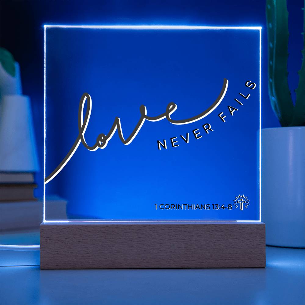 LED Bible Verse - Love Never Fails - 1 Corinthians 13:4-8 - Inspirational Acrylic Plaque with LED Nightlight Upgrade - Christian Home Decor