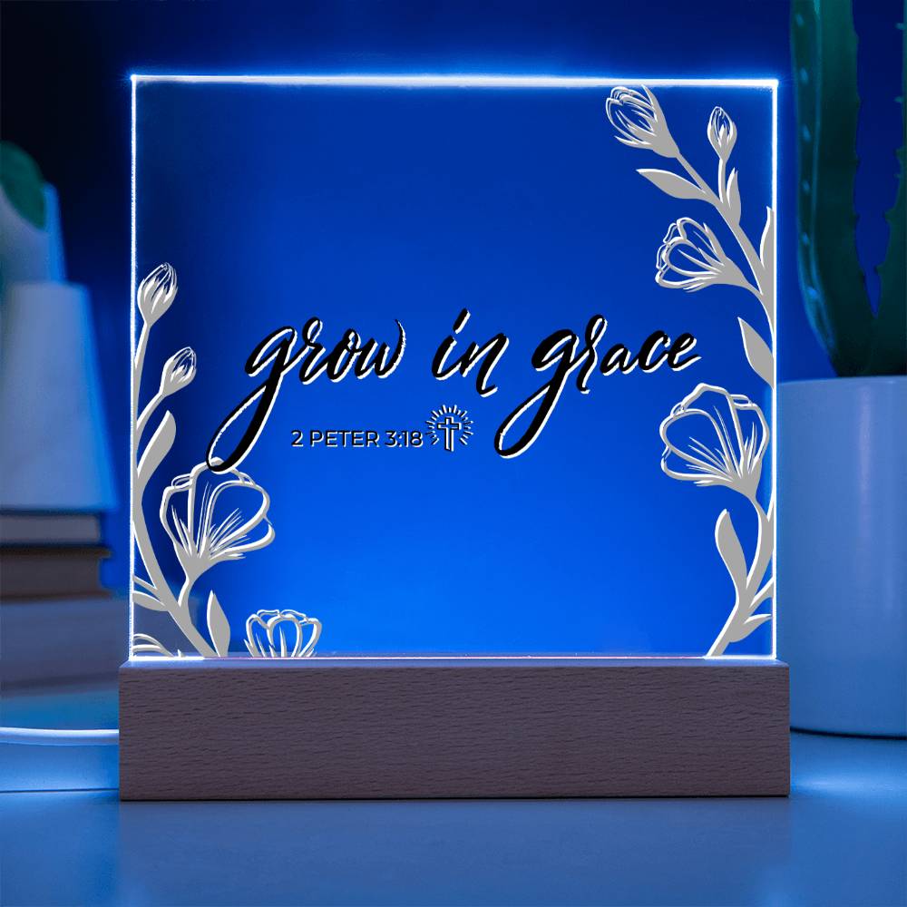 LED Bible Verse - Grow In Grace - 2 Peter 3:18 - Inspirational Acrylic Plaque with LED Nightlight Upgrade - Christian Home Decor