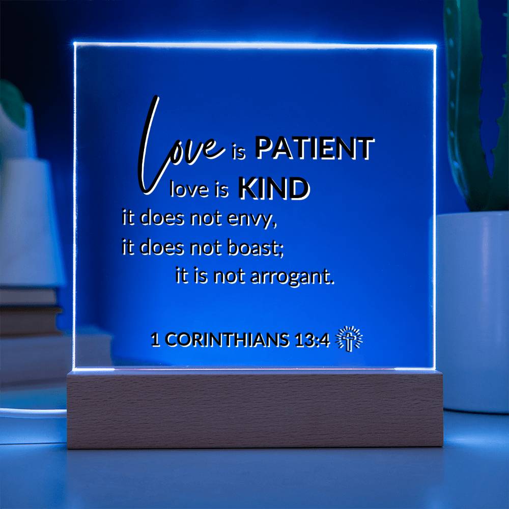 LED Bible Verse - Love Is Patient - 1 Corinthians 13:4 - Inspirational Acrylic Plaque with LED Nightlight Upgrade - Christian Home Decor