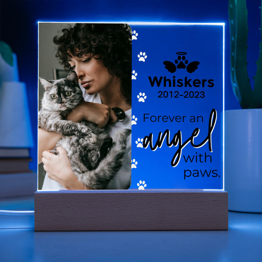 Cat Photo Keepsake - An Angel With Paws - Square Acrylic Cat Memorial Plaque - Custom Cat Remembrance, Bereavement & Sympathy Gift