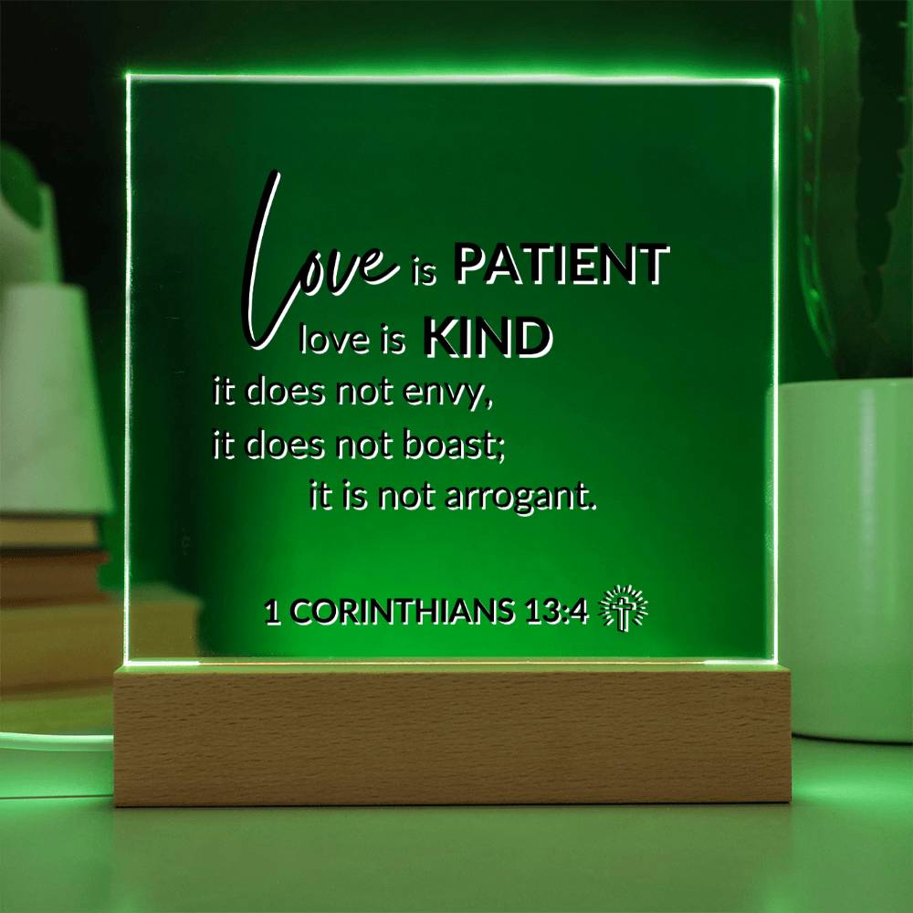 LED Bible Verse - Love Is Patient - 1 Corinthians 13:4 - Inspirational Acrylic Plaque with LED Nightlight Upgrade - Christian Home Decor