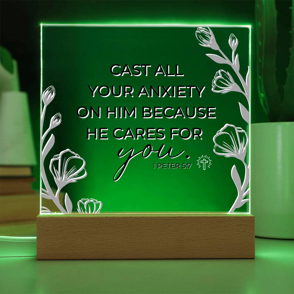 LED Bible Verse - Cast All Your Anxiety - 1 Peter 5:7 - Inspirational Acrylic Plaque with LED Nightlight Upgrade - Christian Home Decor