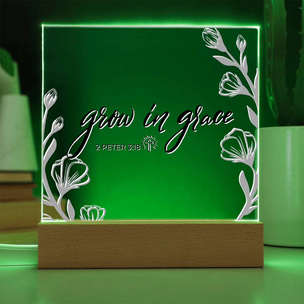 LED Bible Verse - Grow In Grace - 2 Peter 3:18 - Inspirational Acrylic Plaque with LED Nightlight Upgrade - Christian Home Decor