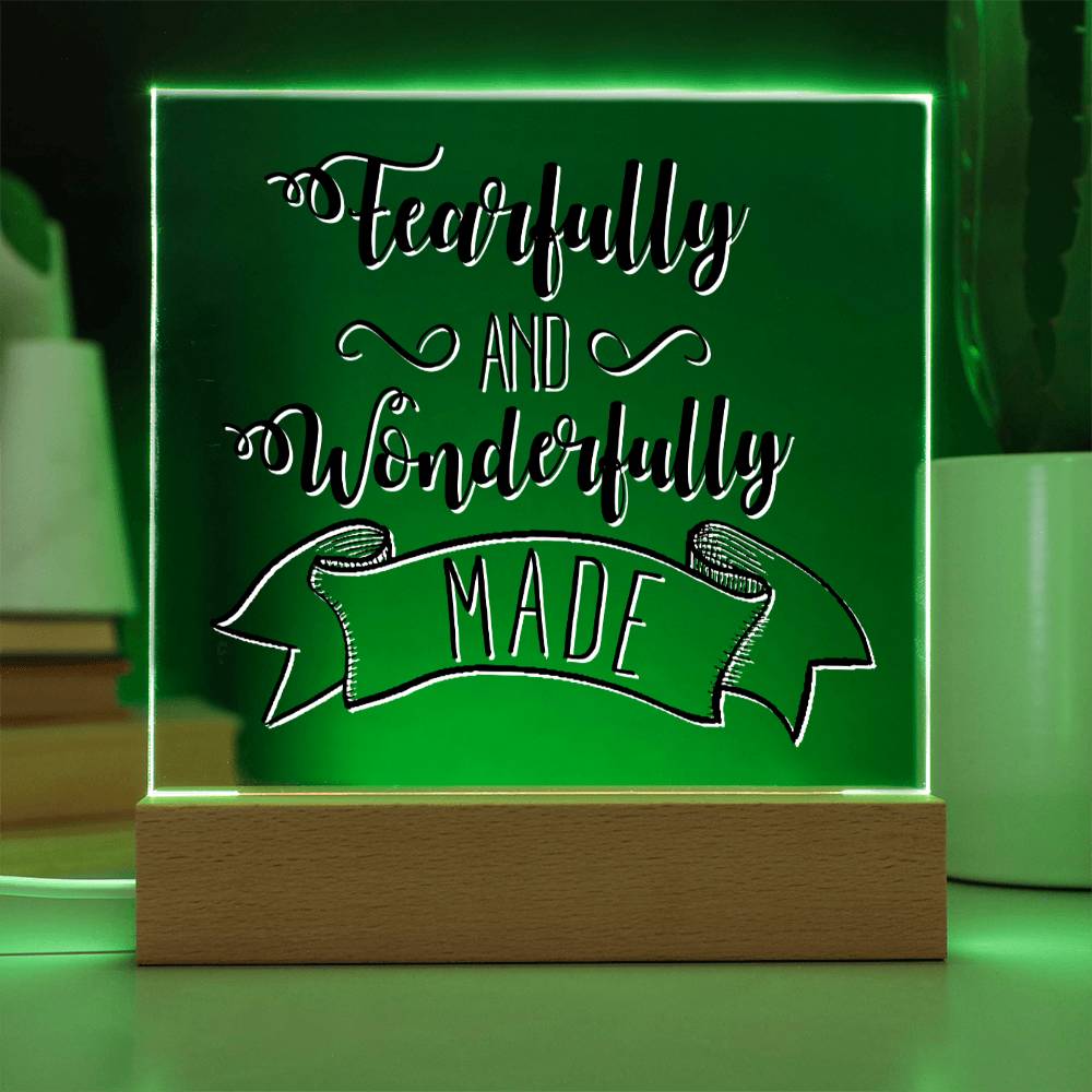 Fearfully and Wonderfully Made - Inspirational Acrylic Plaque with LED Nightlight Upgrade - Christian Home Decor