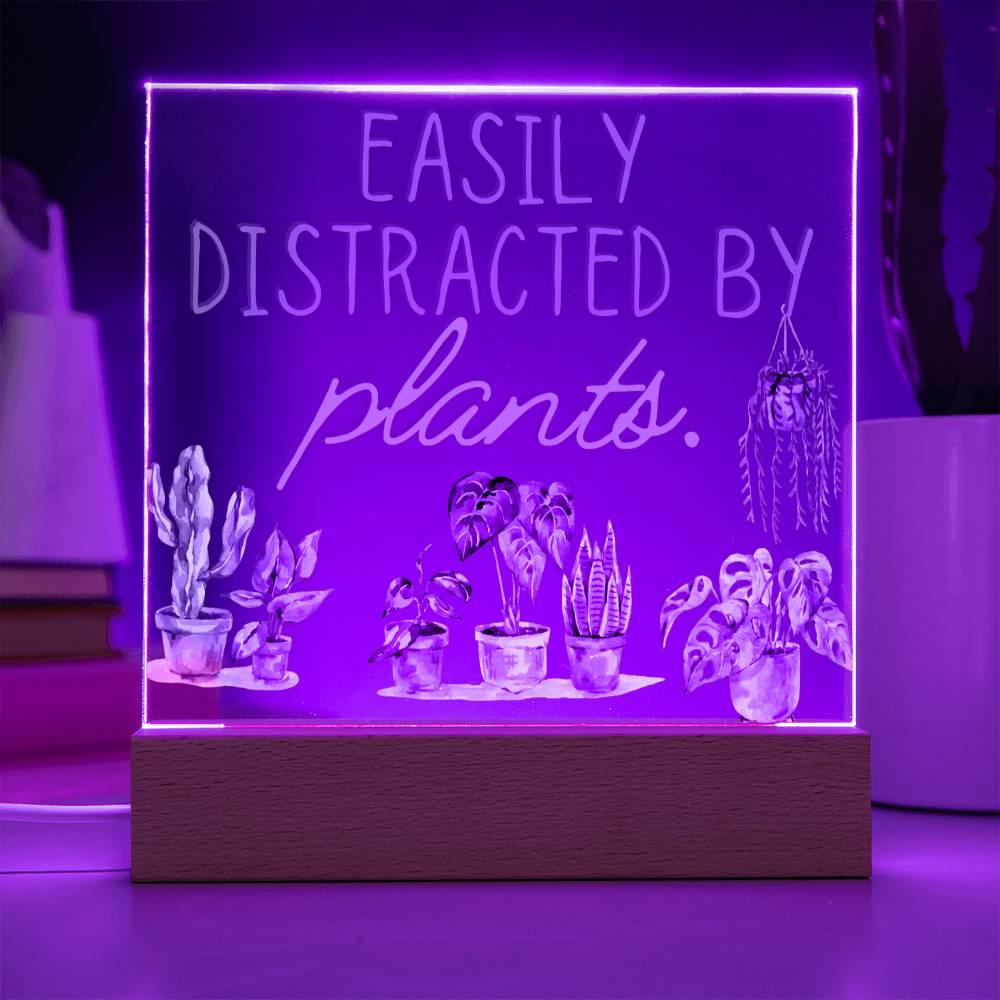 Distracted By Plants - Funny Plant Acrylic with LED Nigh Light - Indoor Home Garden Decor - Birthday or Christmas Gift For Horticulturists, Gardner, or Plant Lover