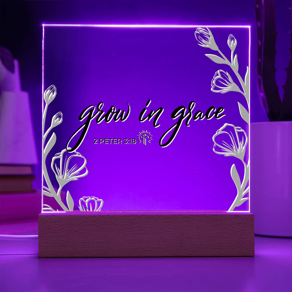 LED Bible Verse - Grow In Grace - 2 Peter 3:18 - Inspirational Acrylic Plaque with LED Nightlight Upgrade - Christian Home Decor