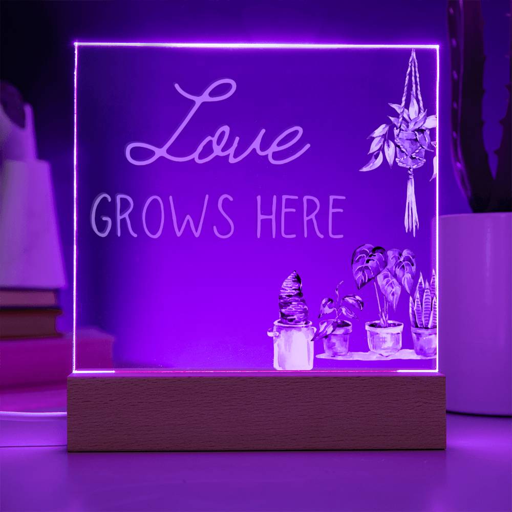 Love Grows Here - Funny Plant Acrylic with LED Nigh Light - Indoor Home Garden Decor - Birthday or Christmas Gift For Horticulturists, Gardner, or Plant Lover