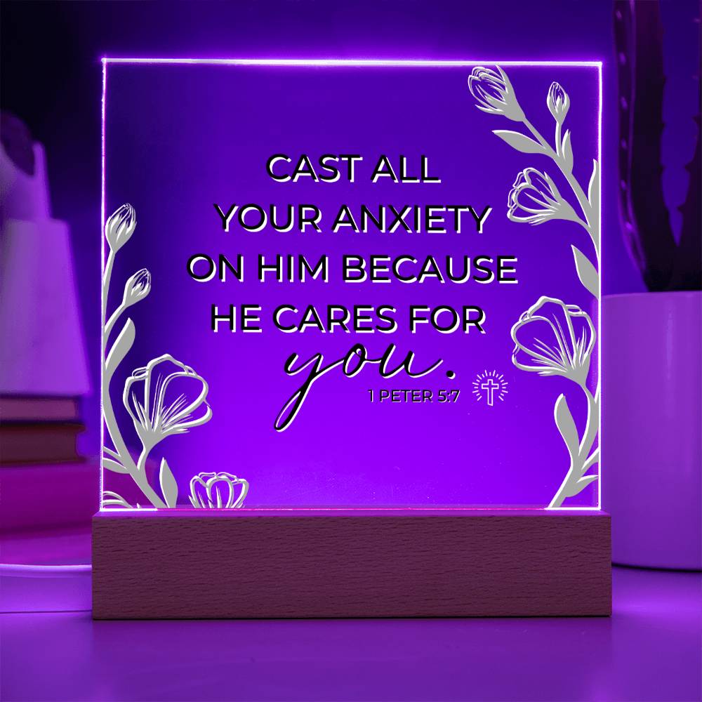 LED Bible Verse - Cast All Your Anxiety - 1 Peter 5:7 - Inspirational Acrylic Plaque with LED Nightlight Upgrade - Christian Home Decor