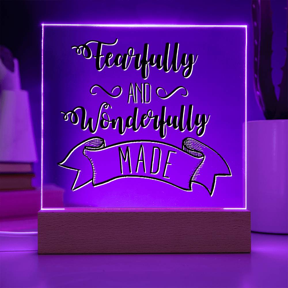 Fearfully and Wonderfully Made - Inspirational Acrylic Plaque with LED Nightlight Upgrade - Christian Home Decor