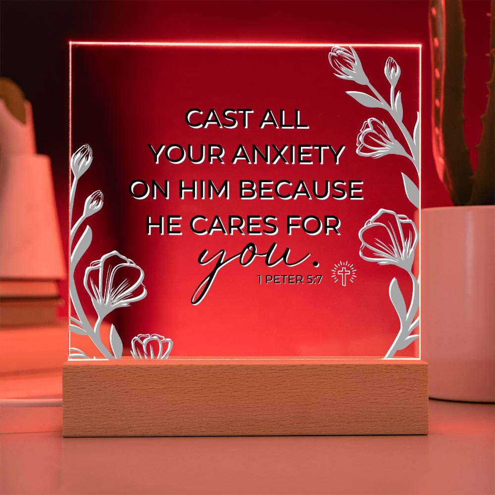 LED Bible Verse - Cast All Your Anxiety - 1 Peter 5:7 - Inspirational Acrylic Plaque with LED Nightlight Upgrade - Christian Home Decor