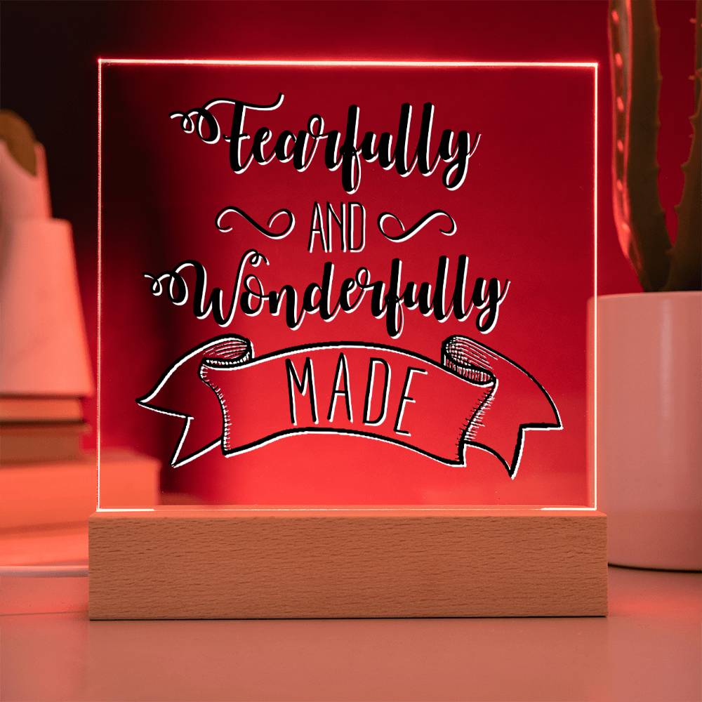 Fearfully and Wonderfully Made - Inspirational Acrylic Plaque with LED Nightlight Upgrade - Christian Home Decor