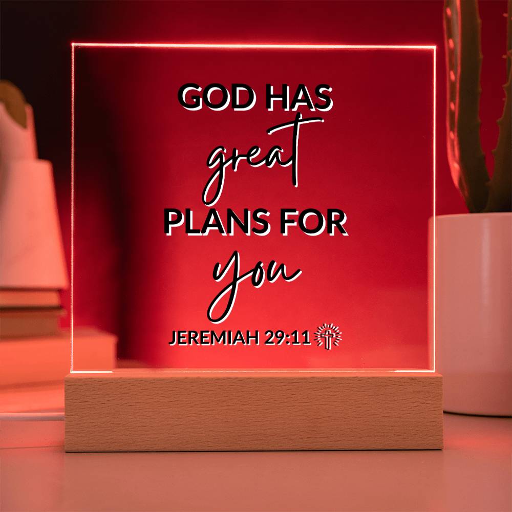 LED Bible Verse - Great Plans For You - Jeremiah 29:11 - Inspirational Acrylic Plaque with LED Nightlight Upgrade - Christian Home Decor